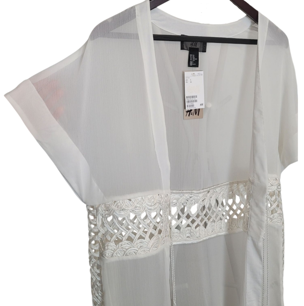 🆕️ H&M Longline Semi-Sheer Tassel Tie Front Duster Kimono Robe - Size M/L - Picture 5 of 11